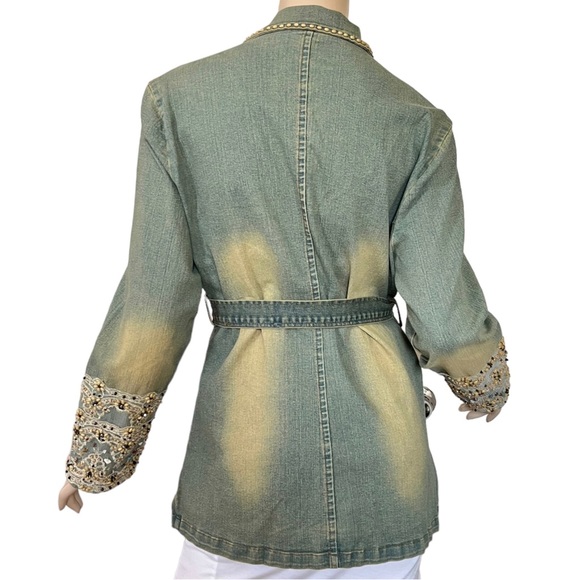 Vintage Kaity Jean Jacket Belted Button Front Bead Lace Sleeve Size Medium - Picture 2 of 16
